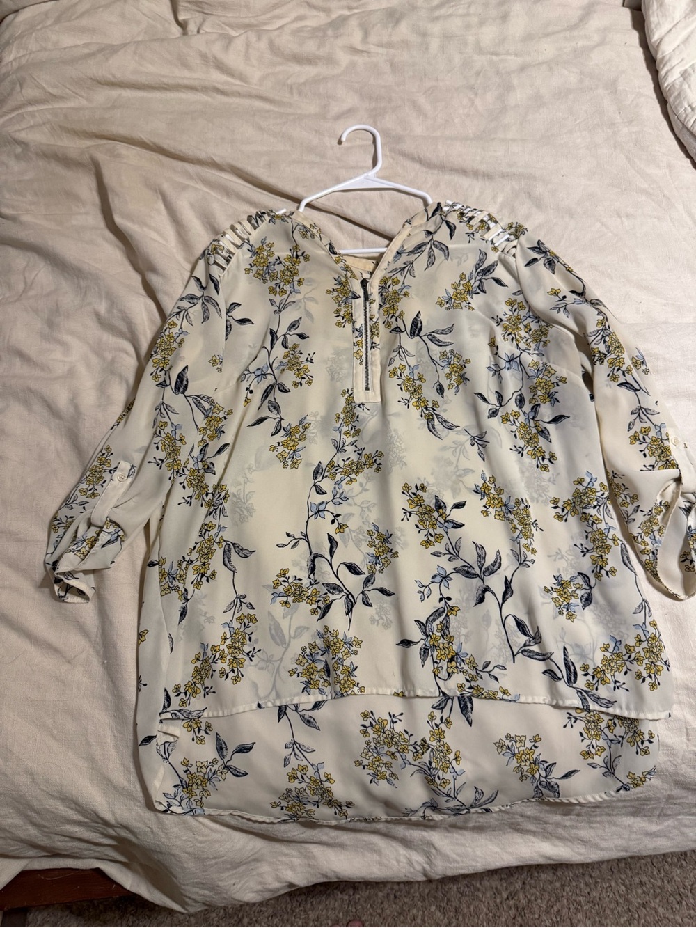 Maurices Cream Floral Split-Neck Tunic with Yellow and Navy Print